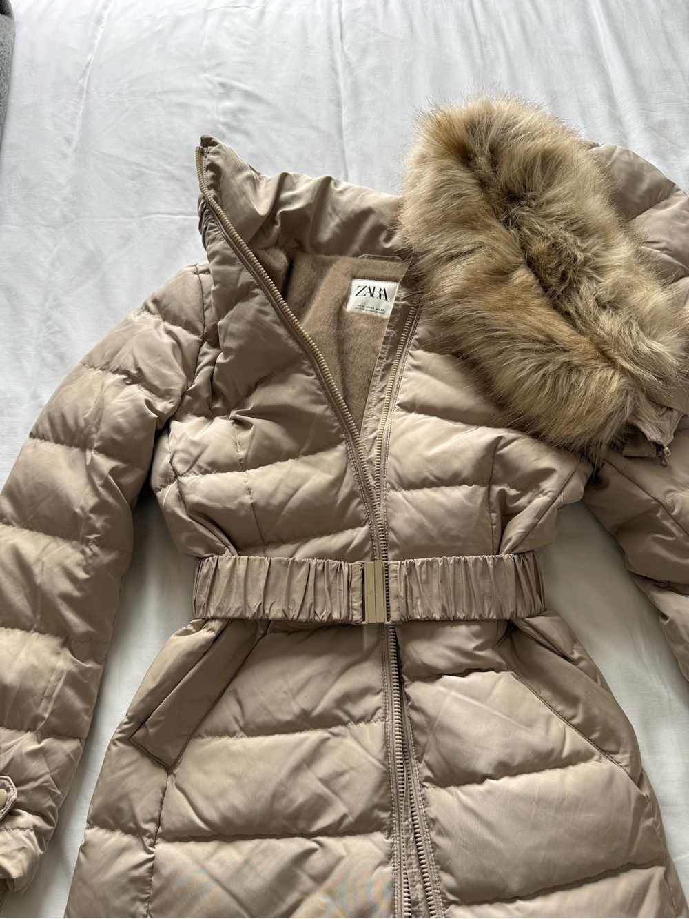 ZARA Taupe Duck Down Puffer Coat | Faux Fur Hood | XS